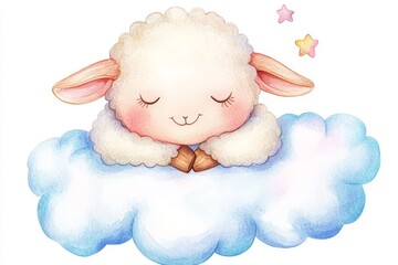 A cute watercolor illustration of a little sheep sleeping peacefully on a fluffy cloud. The sheep has its eyes closed and is smiling, surrounded by twinkling stars, symbolizing dreams, peace, and inno