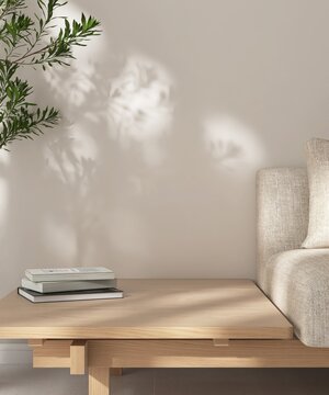 Close up of wooden sofa with side table with books, beige fabric cushion, tree in sunlight on white wall for interior design decoration, lifestyle product background 3D