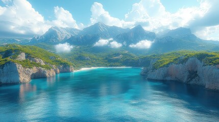 Serene coastal landscape with mountains and clear blue water.