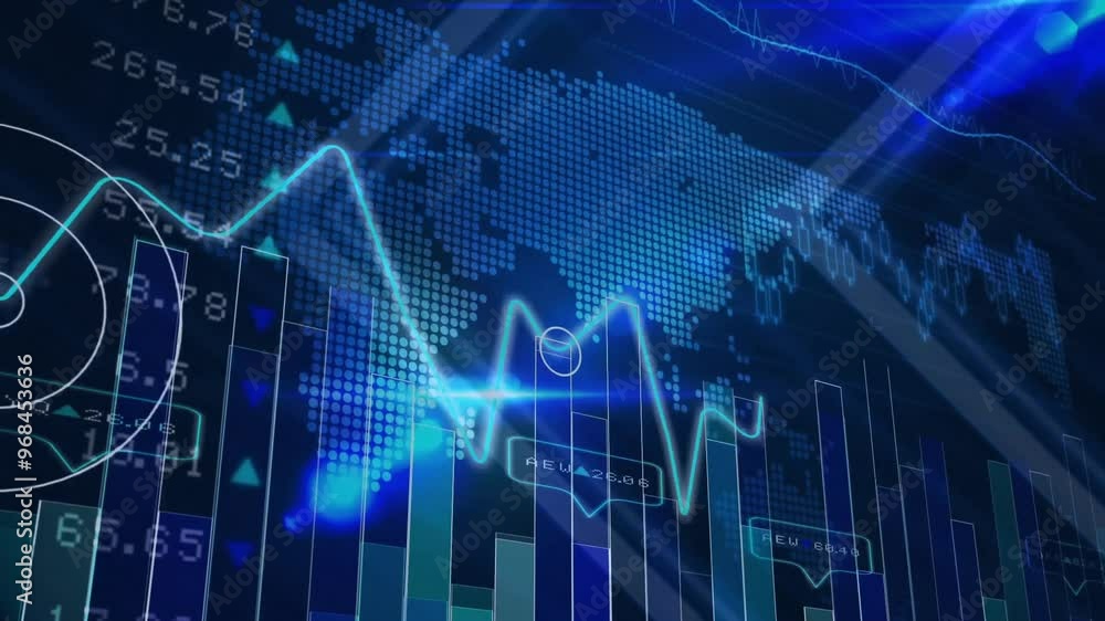 Poster animation of financial data processing over world map