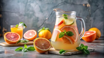 Grapefruit limonade pitcher with sliced citrus fruits, mint leaves and ice cubes on kitchen counter, refreshing, summer drink