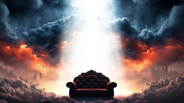 Sofa in Purgatory Surrounded by Fiery Clouds with Stairway to Heaven
