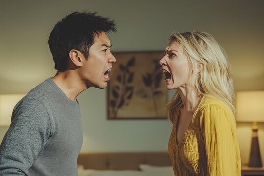 Young couple argues loudly in the bedroom, showing anger and frustration, hinting at relationship issues like divorce or domestic violence
