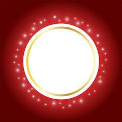 Background with gold frame. Christmas round card and glowing stars. Moke up blank card.