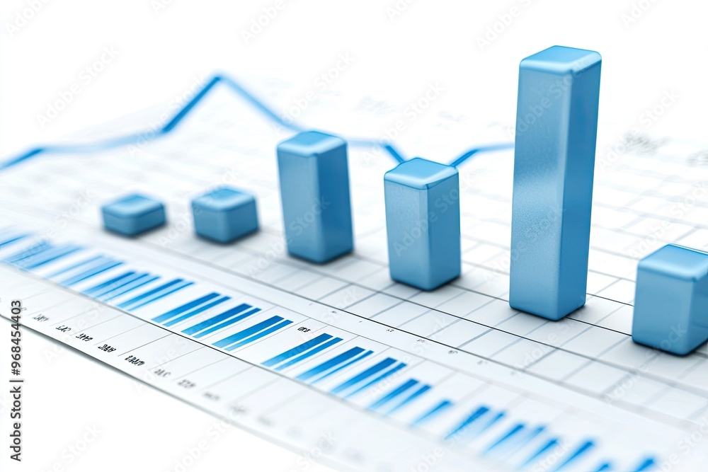 Poster a detailed bar chart displaying growth trends with blue bars, representing data analytics and busine