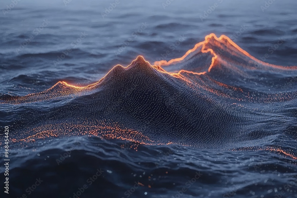 Poster a serene digital ocean landscape featuring glowing waves that create a mesmerizing interplay of ligh