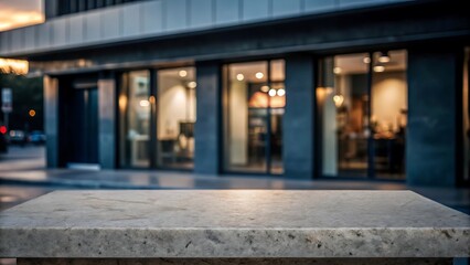 Fototapeta premium Empty stone or marble tabletop or counter with display product with blured city, town, outdoor background. Display product background concept.