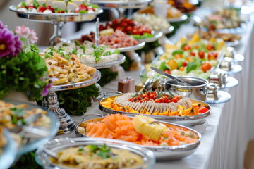 Catering food on long table, Party