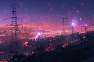 high voltage transmission towers with line data hologram with city background