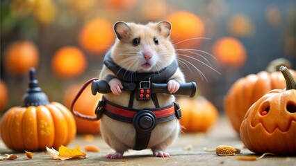 Hamster dressed as a ghostbuster with a tiny proton pack, running around Halloween decorations, [animals in Halloween costumes], [funny Halloween pet]