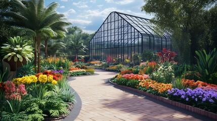 Obraz premium Lush garden pathway leading to a beautifully designed greenhouse surrounded by vibrant flowers in full bloom during daylight