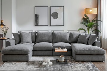 Gray Fabric Sofa with L-Shaped Chaise Lounge in Cozy Living Room with Minimalist Decor