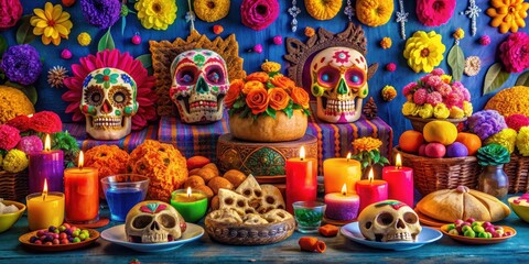 Fototapeta premium Vibrant and colorful Day of the Dead celebration with traditional decorations and sugar skulls, Mexican