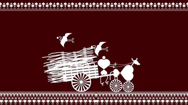 warli painting Harmony Pattern in the Fields A Captivating Warli Depiction of Rural Life. Warli art rural life, Warli village scene, Indian folk art rural, Warli countryside painting