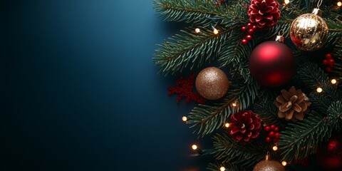Merry Christmas and Happy New Year bright colorful composition. Xmas background with festive decorative elements. Festive banner and web poster, greeting card, flyer and brochure