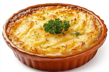 A golden brown and bubbly Hachis Parmentier, a classic French comfort food, with a creamy potato topping,  perfectly baked in a terracotta dish. The dish is  served on a white background.