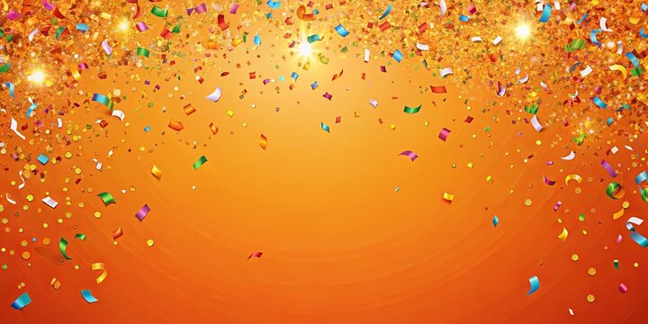 Vibrant orange background adorned with colorful confetti for festive celebrations