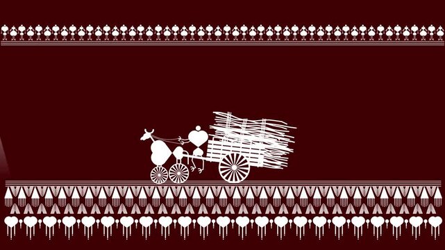 warli painting video frame template Harmony Pattern in the Fields A Captivating Warli Depiction of Rural Life. Warli art rural life, Warli village scene, Indian folk art rural, Warli countryside paint