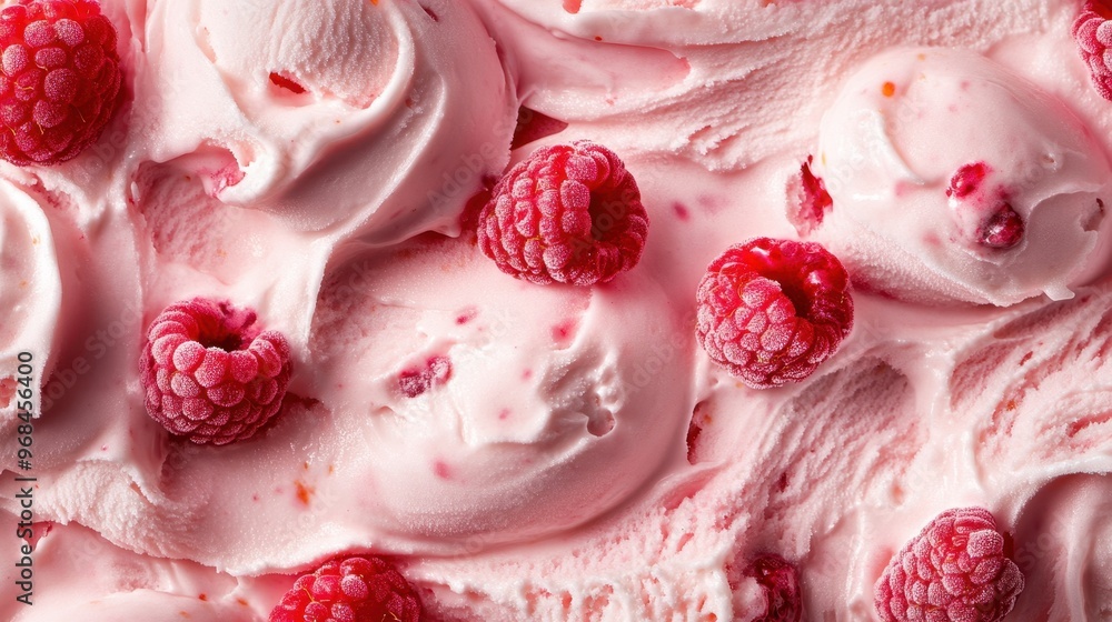 Poster a close-up of raspberry cream in swirls on top, with delicate white peaks and fresh raspberries scat