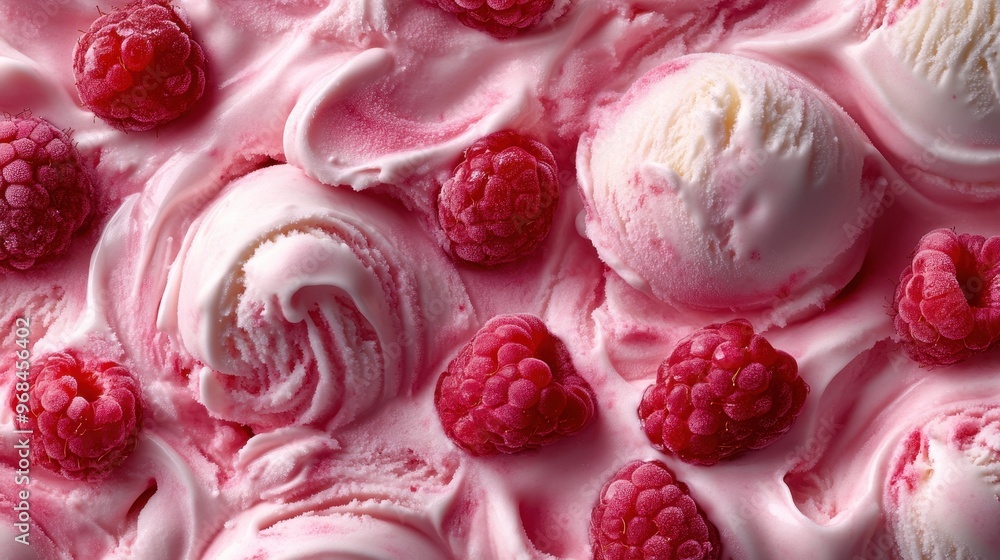 Poster a close-up of raspberry cream in swirls on top, with delicate white peaks and fresh raspberries scat