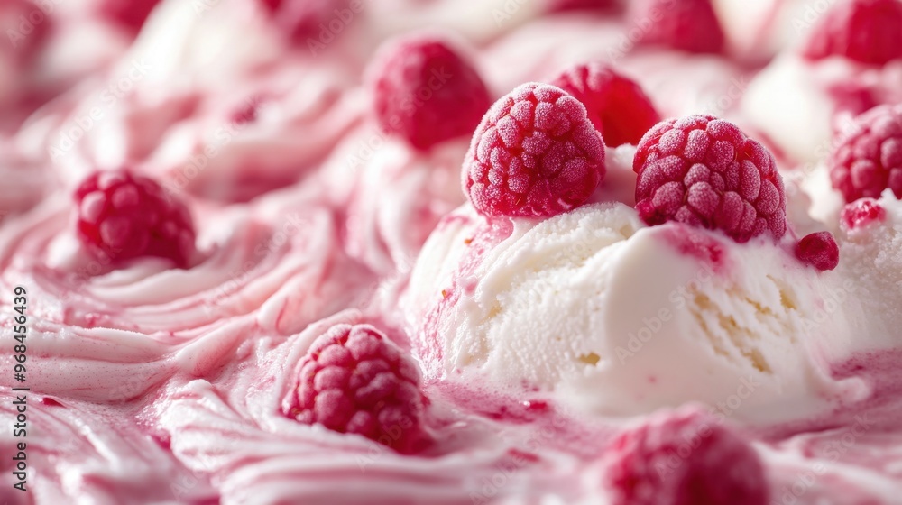 Poster A close-up of raspberry cream in swirls on top, with delicate white peaks and fresh raspberries scattered throughout the ice cream, creating an attractive visual appeal. 