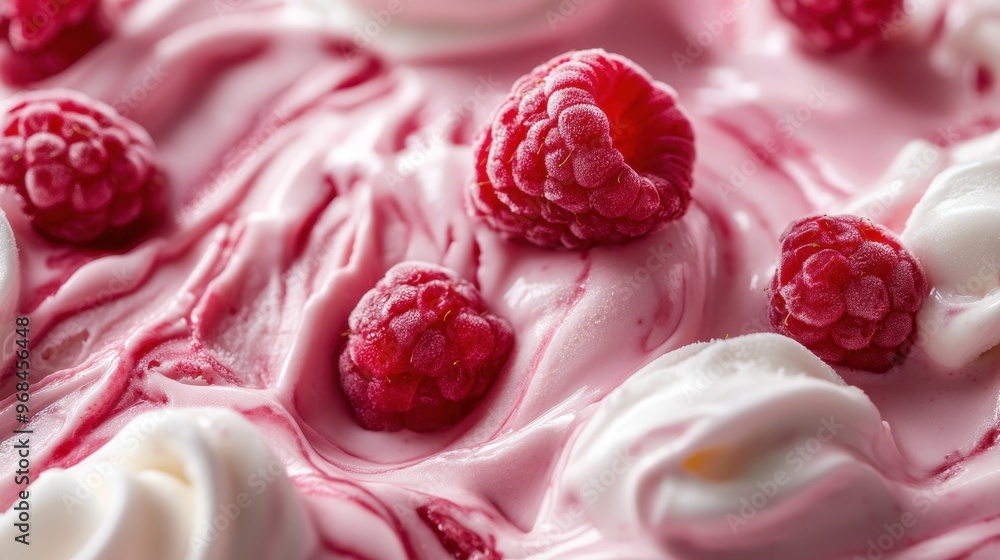 Poster a close-up of raspberry cream in swirls on top, with delicate white peaks and fresh raspberries scat