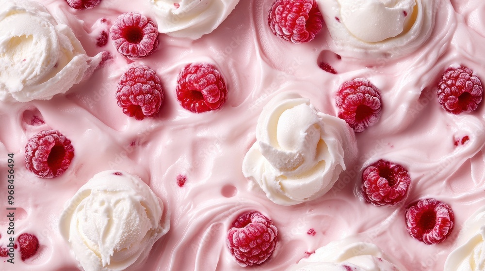 Poster a close-up of the top view of white cream with raspberries, creating intricate patterns and textures