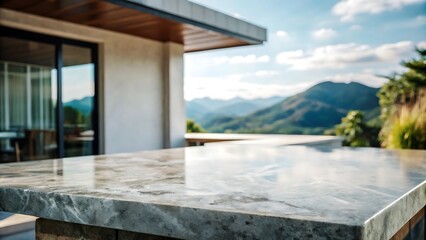Fototapeta premium Empty stone or marble tabletop or counter with display product with blured city, town, outdoor background. Display product background concept.
