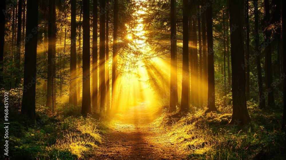 Poster golden light rays through forest trees with path