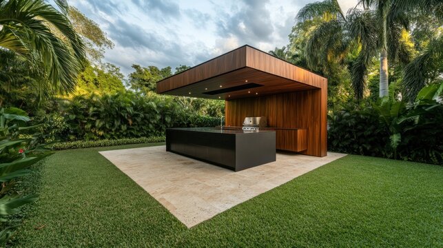Tropical Oasis: Modern Outdoor Kitchen with Shera Wood Siding and Sleek Design