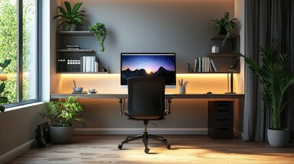 Modern Home Office Interior with Desk  Computer  Plants and Minimalist Design