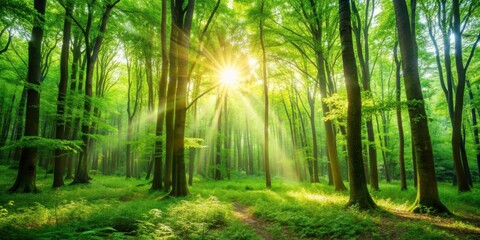 Fototapeta premium A calming and serene background of a lush green forest with sunlight filtering through the trees , nature, trees