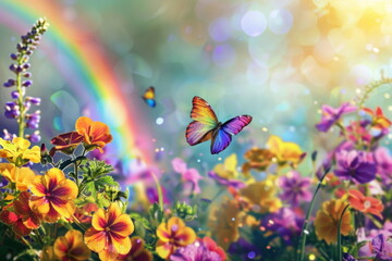 garden drawing with rainbow, beautiful flowers with butterfly, autumn, illustration