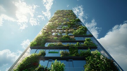 Green Skyscraper Architecture with Plants and Blue Sky