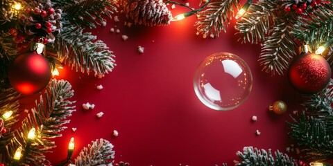 Merry Christmas and Happy New Year bright colorful composition. Xmas background with festive decorative elements. Festive banner and web poster, greeting card, flyer and brochure