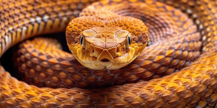 Magnificent northern copperhead snake coiled with intricate scales and patterns