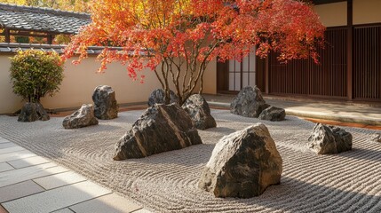 Japanese Zen Garden with Red Maple Tree and Stone Pathway