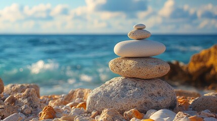 Balanced Stones on Beach with Sea and Sky Background