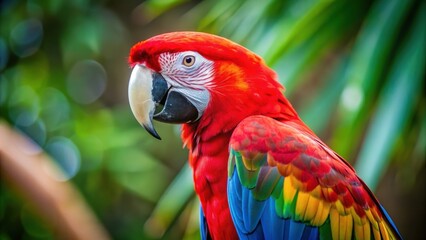 Fototapeta premium Vibrant blue and red plumage of a macaw bird, tropical, colorful, wildlife, feathers, exotic, beautiful, parrot, bird, vibrant