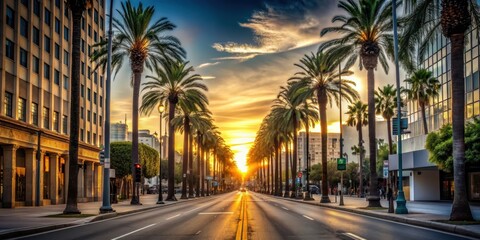 Obraz premium Sunset on a city street lined with palm trees , urban, cityscape, vibrant, colorful, palm tree, silhouette, evening, dusk