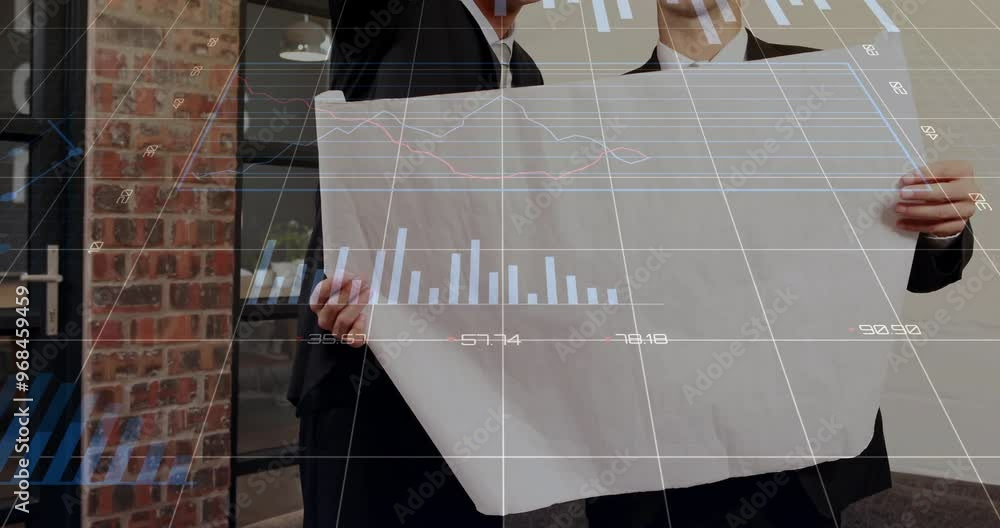 Aufkleber animation of financial data processing over diverse architects with plans