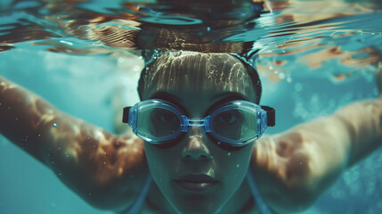 Naklejka premium Underwater picture of a female swimmer in a swimsuit and goggles training in a swimming pool.