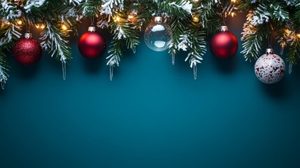 Merry Christmas and Happy New Year bright colorful composition. Xmas background with festive decorative elements. Festive banner and web poster, greeting card, flyer and brochure
