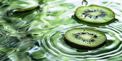 Kiwi slices resting on rippled transparent fresh green water gel with flecks waves and shadows Circular ripples created on the surface by a falling drop Vertical composition with space for t
