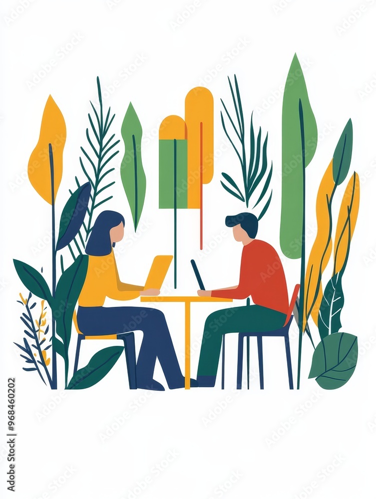 Poster a mentor and mentee collaborate on a project, sitting at a table in a garden-like setting. the image