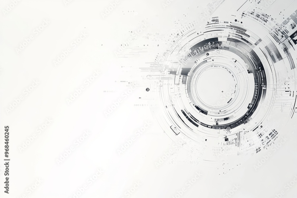 Poster a minimalist abstract background featuring a circular pattern of grey and white lines and shapes, sy