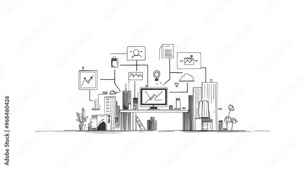 Poster a minimalist illustration depicting a business model using a single continuous line drawing. it symb
