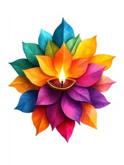 Diwali diya with rangoli clipart, festival element, watercolor illustration, sharp details, diya placed in the center of rangoli, isolated on white background