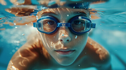 Fototapeta premium Underwater picture of a young swimmer in a cap and goggles training in a swimming pool.