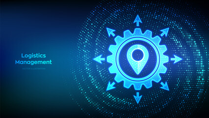 Logistics management icon made with binary code. Smart logistics and transportation. Logistic global network distribution. Digital code background with digits 1.0. Vector Illustration.